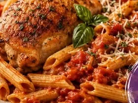 Cuisse de poulet et pennes sauce tomate